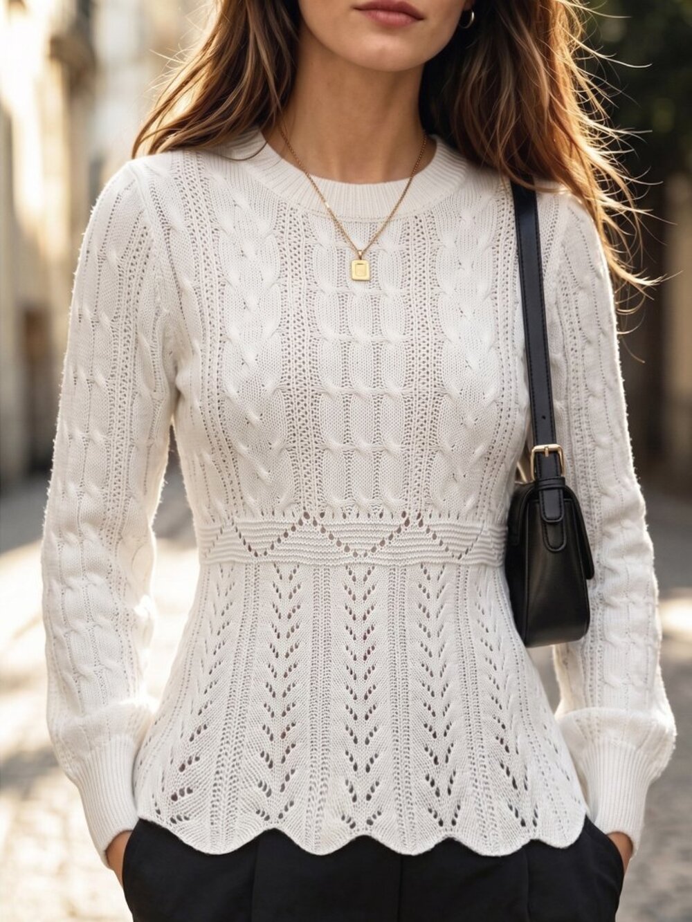 White Casual Women's Cable Knit Round Neck Pullover - Picture 5 of 6